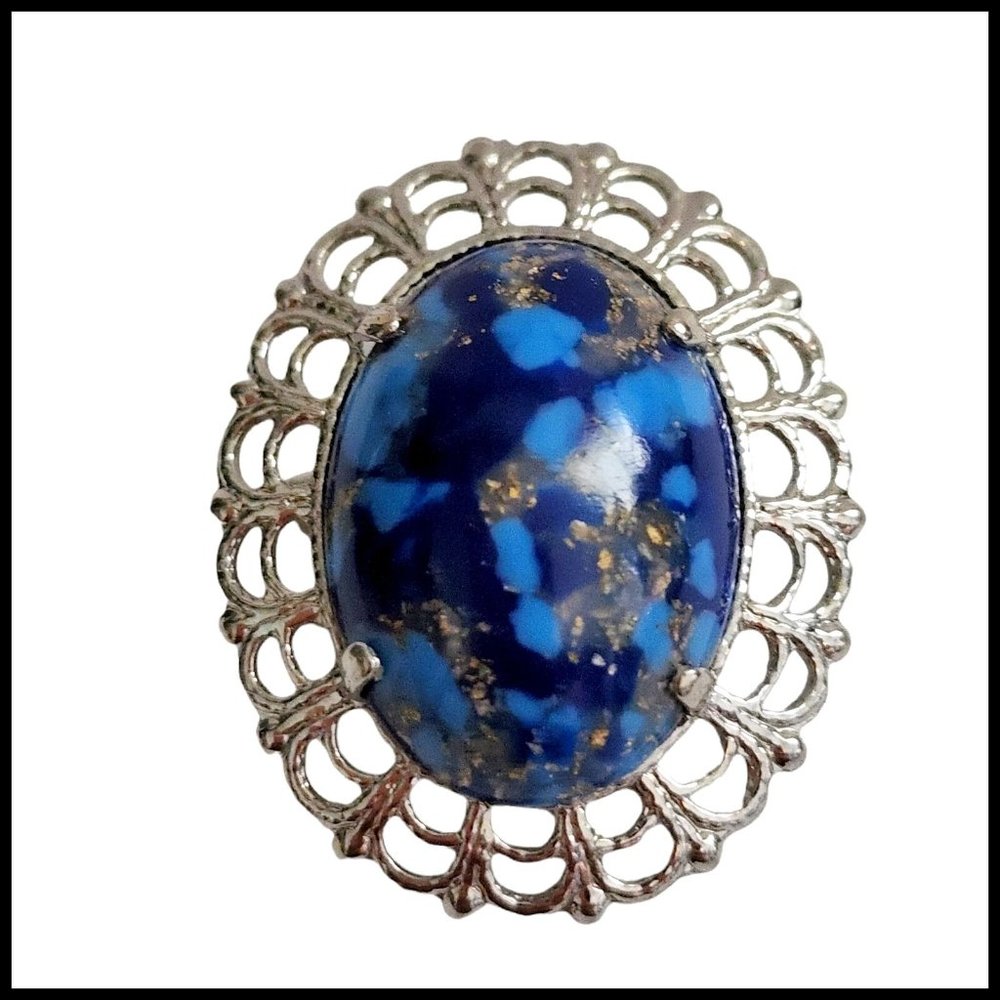 Vintage Silver Tone Blue‎ Gold Glass Stone Oval Pin Brooch